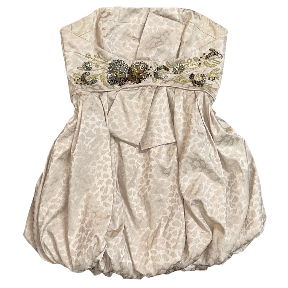 Y2K BEBE women's cream animal print beaded puffy skirt mini cocktail dress, L.